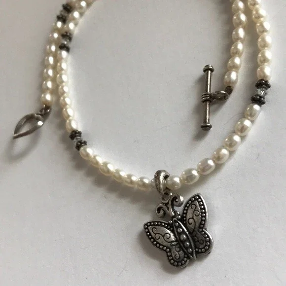 Vintage Handmade Sterling Silver Butterfly Pearl Swarovski Crystal Necklace 16 - Picture 7 of 8